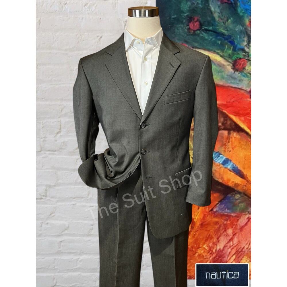 Nautica Mens 41R 32x29 Olive Gray Green Tone Suit Worsted Wool U.S.A.